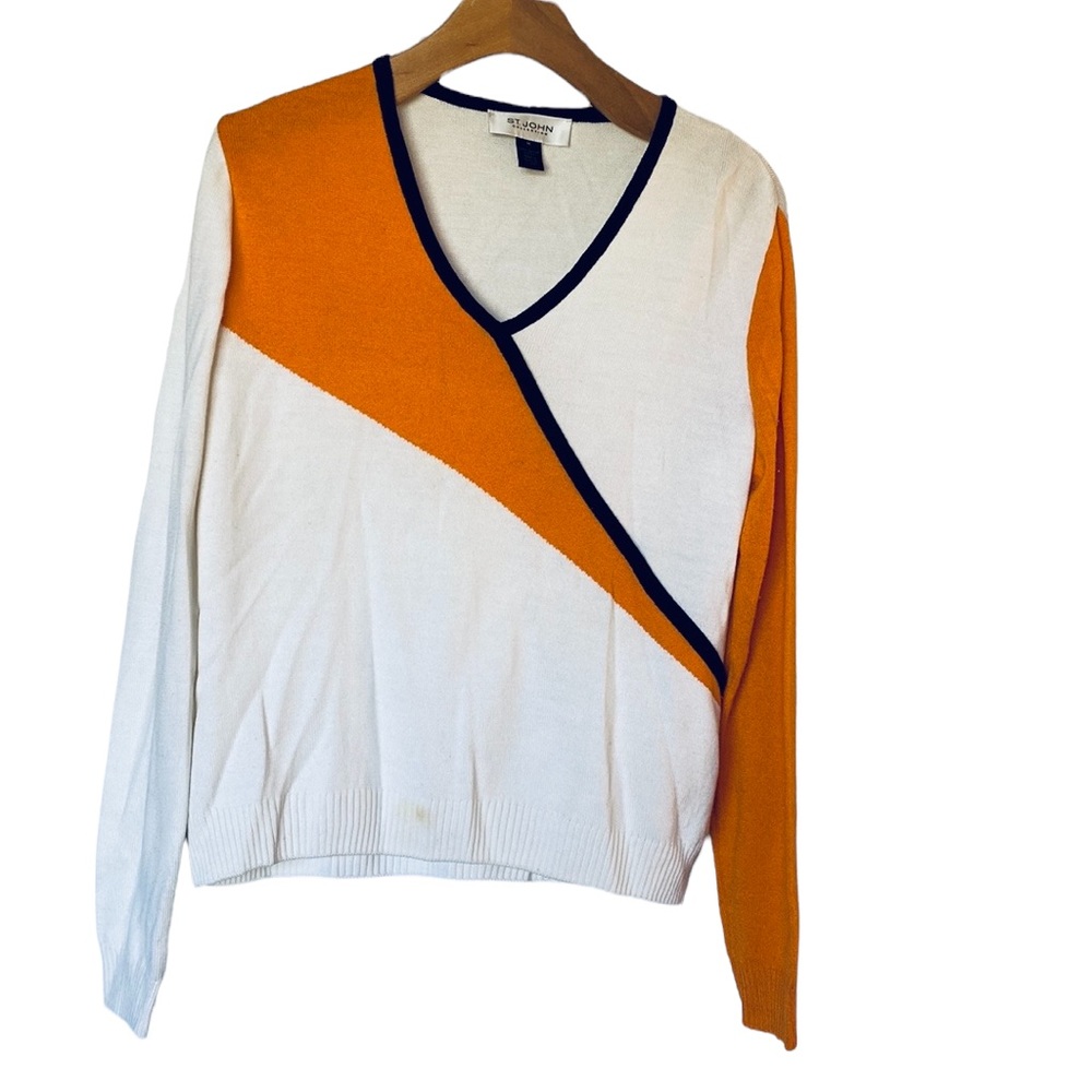St. John Wool Blend V-Neck Pullover Sweater Orange Black & Off-White Size Medium